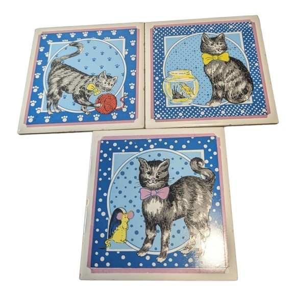 Unbranded Other - VTG Set of 3 Vintage Lanka Wall Tile Coaster Trivet Tabby Cat Made in Sri Lanka